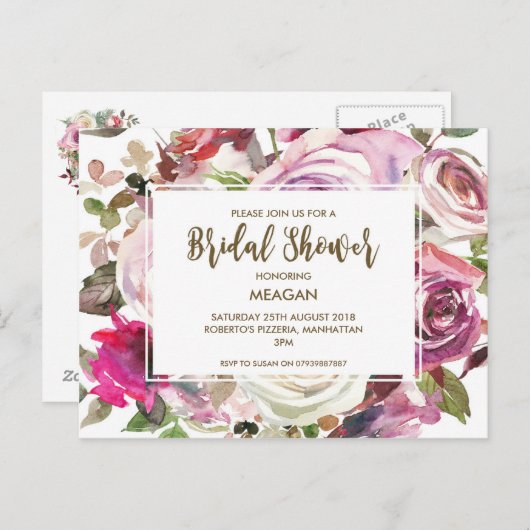 Bruids Douche uitnodiging moderne bloemen lila (Voorkant / Achterkant)