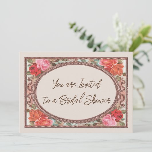 Bruids Douche uitnodiging Roze  Rozen (Staand voorkant)