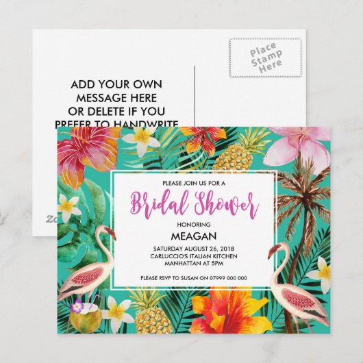 Bruids Douche uitnodiging tropische flamingo Briefkaart (Voorkant / Achterkant)