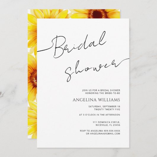 Bruids Douche Uitnodiging Waterverf Zonnebloem (Voorkant / Achterkant)
