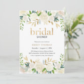 bruids douche uitnodiging | Witte en gouden bloeme (Staand voorkant)