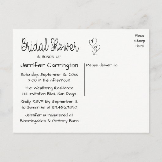 Bruids Douche Uitnodiging Zwart Wit Harten Liefde (Achterkant)
