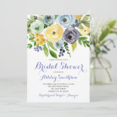Bruids Douche Uitnodigingen, blauwe gele bloemen Kaart (Staand voorkant)