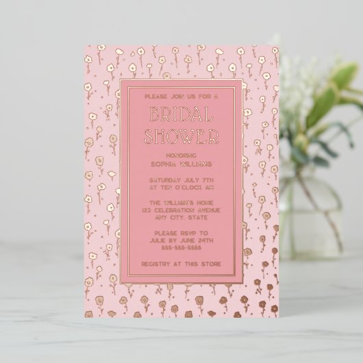 Bruids Douche Uitnodigingen Bloemen Blush Roze Fol (Staand Voorkant)