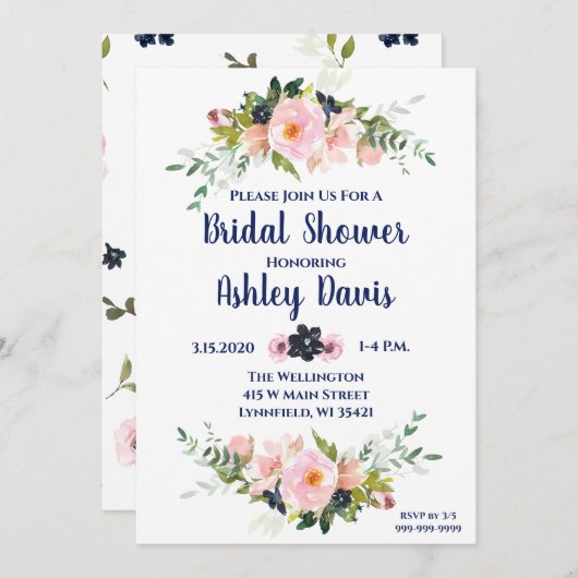 Bruids Douche Uitnodigingen Roze Marine Bloemen Br (Voorkant / Achterkant)