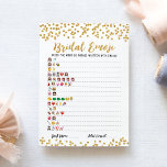 Bruids emoji spel met antwoorden Vrijgezellenfeest Kaart<br><div class="desc">Koop dit spel en geniet van hoge kwaliteit Bridal emoji kaart voor uw evenement! Raad het woord of de zin geschreven met emoji's! Gouden confetti ontwerp. ANTWOORDEN: 1-VRIJGEZELLENFEEST, 2-BRUID-TO-BE, 3-HONINGMAAN, 4-TOT DE DOOD SPLITSEN WE, 5-GOOI HET BOEKET, 6-BACHELORETTE PARTY, 7-RINGDRAGER, 8-BLOEMENMEISJE, 9-KUS VEEL KIKKERS OM JE PRINS TE VINDEN, 10-HOU...</div>