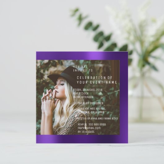 Bruids Foto Afstudeerfeest Paarse Pruim Metallic Kaart (Staand voorkant)