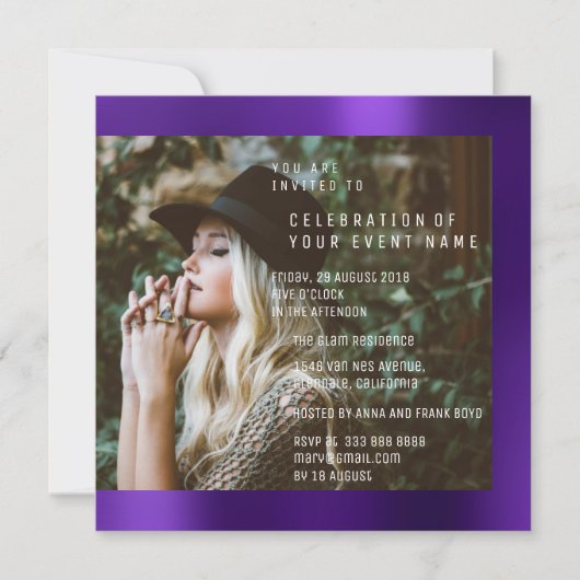 Bruids Foto Afstudeerfeest Paarse Pruim Metallic Kaart (Voorkant)