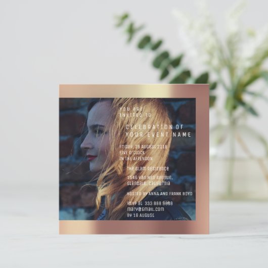Bruids Foto Afstuderen Verjaardag Koper Metallic Kaart (Staand voorkant)