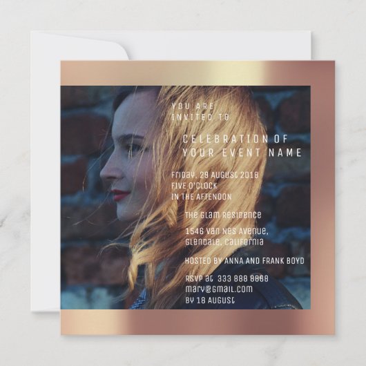 Bruids Foto Afstuderen Verjaardag Koper Metallic Kaart (Voorkant)