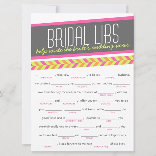 Bruids Libs Bachelorette Feestspelkaart (neon) (Voorkant)