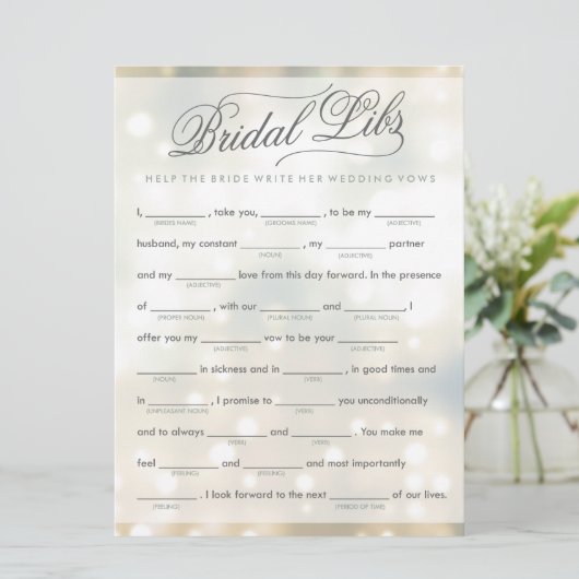 Bruids Libs Bruiloft Spelkaart (elegant) (Staand voorkant)