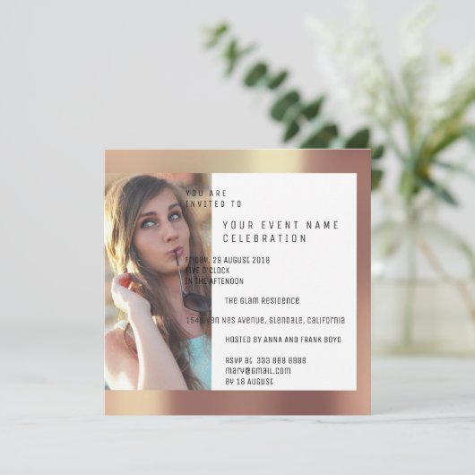 Bruids Party Foto Geometrie Koper Roos Metallic Kaart (Staand voorkant)