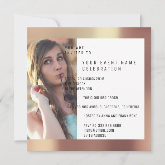 Bruids Party Foto Geometrie Koper Roos Metallic Kaart (Voorkant)