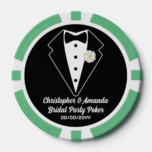 Bruids Party Poker Black Tuxedo & Sage Green Jurk Poker Chips (Voorkant)