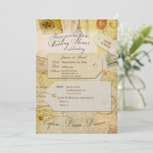 Bruids Reizen Douche thema in cacao en crème Invi Kaart (Staand voorkant)