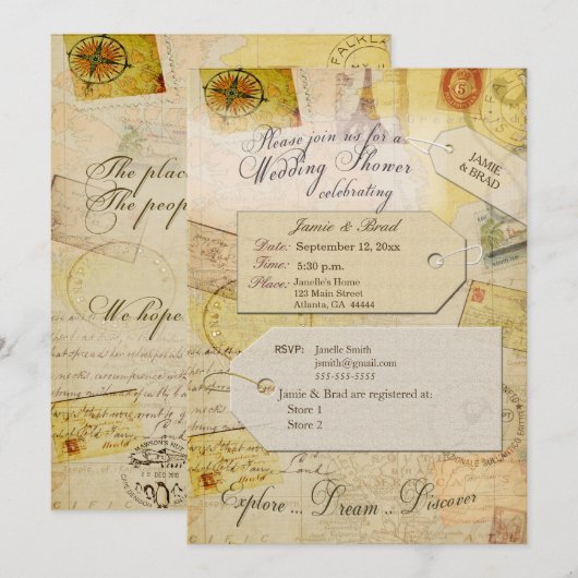 Bruids Reizen Douche thema in cacao en crème Invi Kaart (Voorkant / Achterkant)