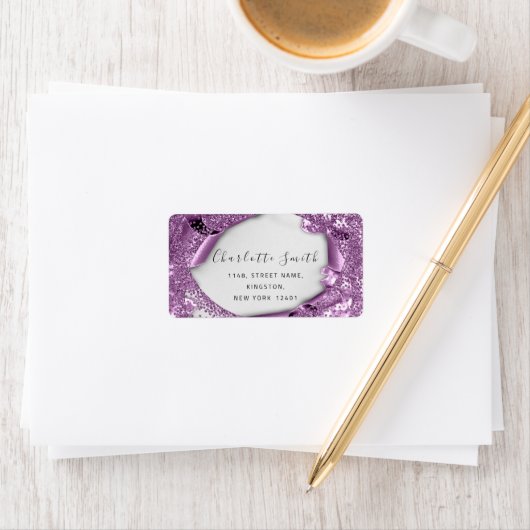 Bruids RSVP Bruiloft 3D Paarse Violet Glitter Etiket (Insitu)