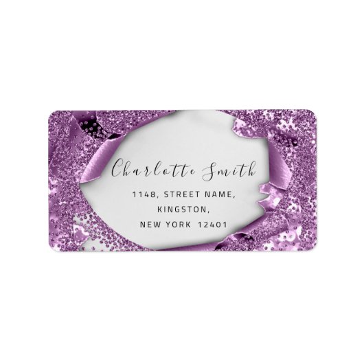 Bruids RSVP Bruiloft 3D Paarse Violet Glitter Etiket (Voorkant)