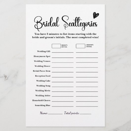 Bruids Scattegories Vrijgezellenfeest Spel Elegant (Voorkant)