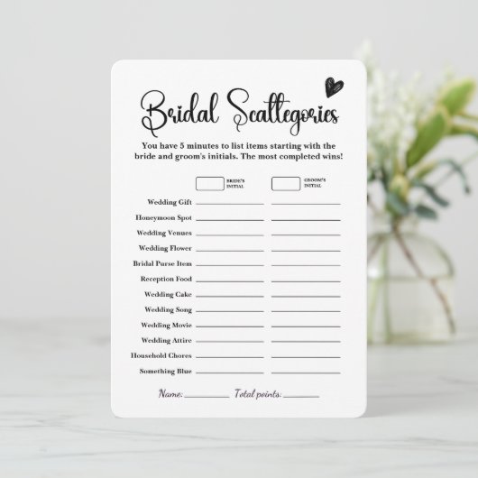 Bruids Scattegories Vrijgezellenfeest Spel Elegant Kaart (Staand voorkant)