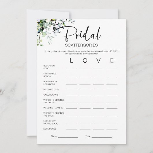 Bruids Scattergories Vrijgezellenfeest spel Kaart (Voorkant)