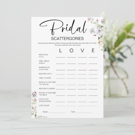 Bruids Scattergories Vrijgezellenfeest spel Kaart (Staand voorkant)