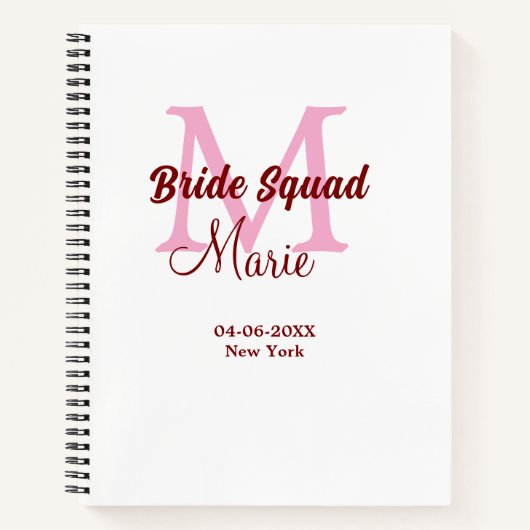 Bruids-squad voeg naam monogram bruidsmeisje roze  notitieboek (Voorkant)