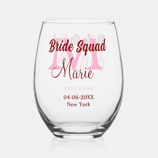 Bruids-squad voeg naam monogram bruidsmeisje roze  wijnglas zonder voet (Voorkant)