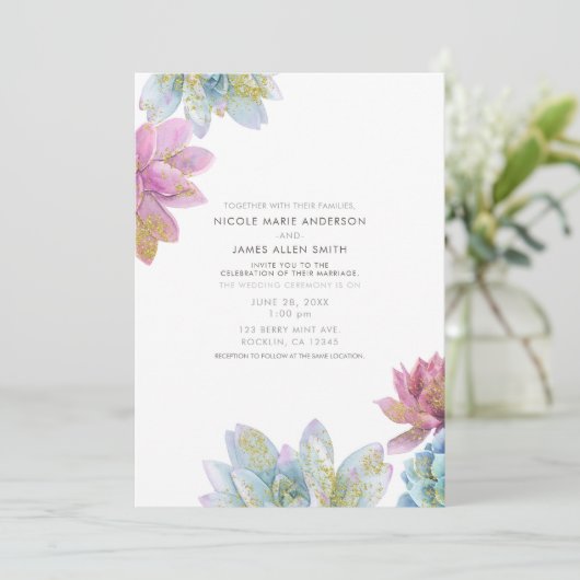 Bruids Succulenten Tuin Met Bes Mint & Goud Kaart (Staand voorkant)