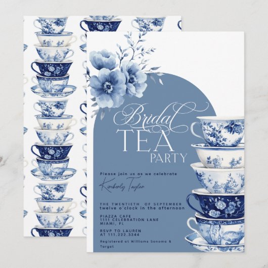 Bruids Tea Party Dusty Blue Chinoiserie Douche Kaart (Voorkant / Achterkant)