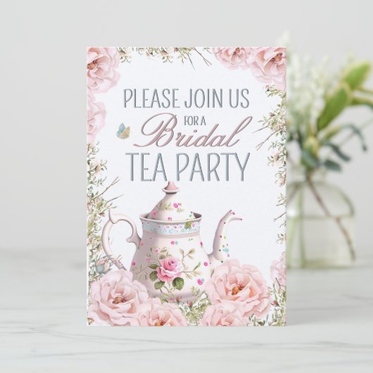 Bruids Tea Party Theepot Teacups Bruiloft Brunch Kaart (Staand voorkant)