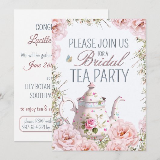 Bruids Tea Party Theepot Teacups Bruiloft Brunch Kaart (Voorkant / Achterkant)