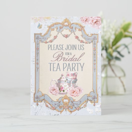 Bruids Tea Party Theepot Teacups Bruiloft Brunch Kaart (Staand voorkant)