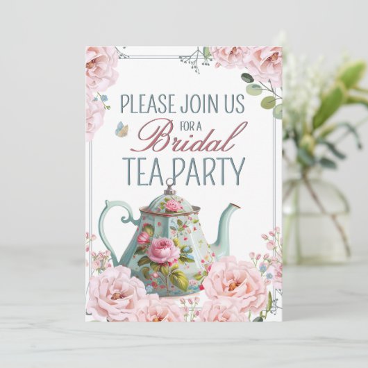 Bruids Tea Party Theepot Teacups Bruiloft Brunch Kaart (Staand voorkant)