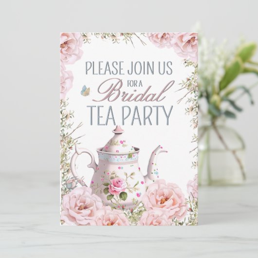 Bruids Tea Party Theepot Teacups Bruiloft Brunch Kaart (Staand voorkant)