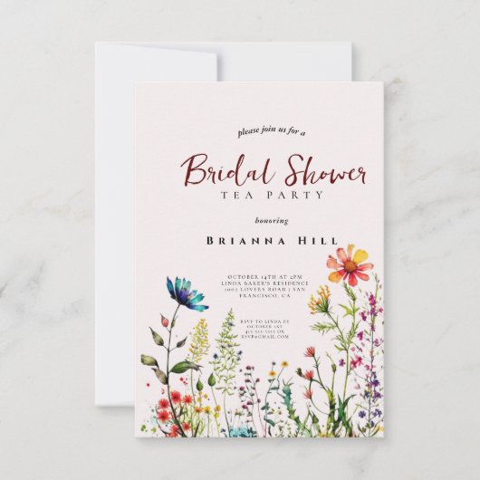 Bruids Tea Party uitnodiging, Wildflower Wildflowe Kaart (Voorkant)
