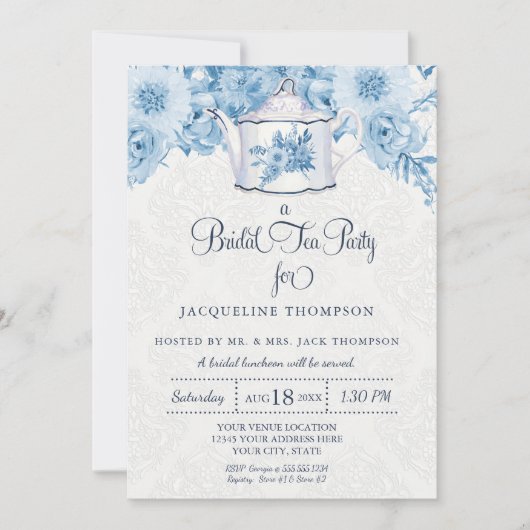 Bruids Tea Party Waterverf Navy Blauw Wit Bloemen Kaart (Voorkant)