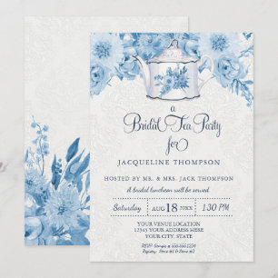 Bruids Tea Party Waterverf Navy Blauw Wit Bloemen Kaart