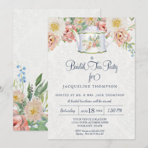Bruids Tea Party Waterverf Roze n Witte Bloemen Kaart
