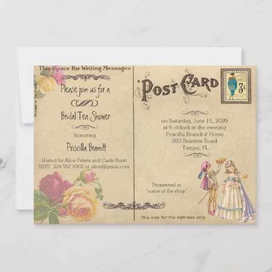 Bruids Tea Shower Honorering, stijl oude Briefkaar Kaart (Voorkant)