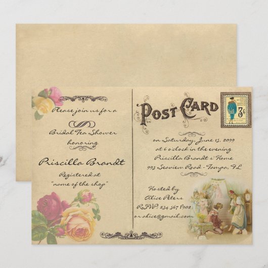 Bruids Tea Shower Honorering, stijl oude Briefkaar Kaart (Voorkant / Achterkant)