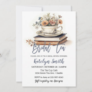 Bruids Thee Douche Stoffig Blauw Thee Cup Bloemen  Kaart