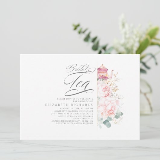 Bruids Thee Roze Bloemen Bruids Douche Uitnodiging (Staand voorkant)