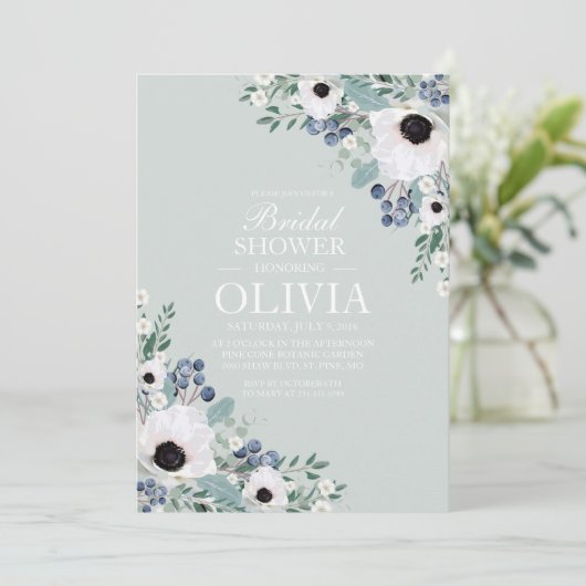 Bruids uitnodiging witte anemoon salie groen (Staand voorkant)