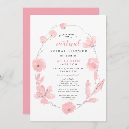 Bruids virtuele douche | Roze Bloemen Waterverf Kaart (Voorkant / Achterkant)