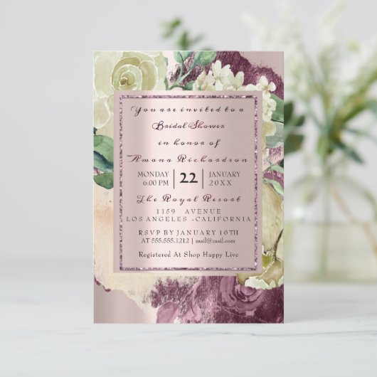 Bruids Waterverf Marsala Witte Bloem Roze Goud Kaart (Staand voorkant)