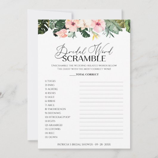 Bruids Woord Scramble Game Tropische Bloemen kaart (Voorkant)