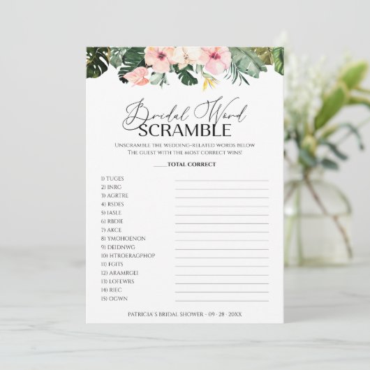 Bruids Woord Scramble Game Tropische Bloemen kaart (Staand voorkant)