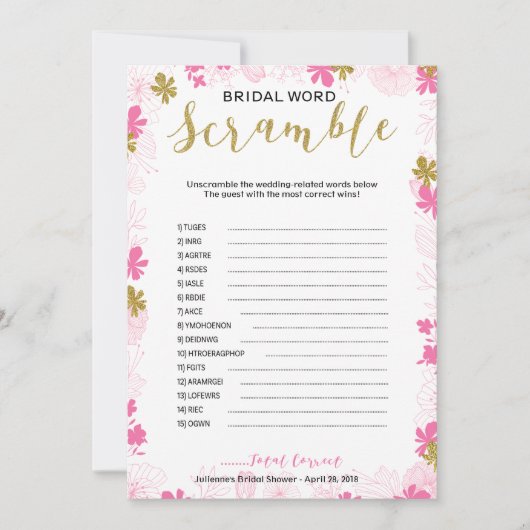 Bruids Woord Scramble | roze gouden bloemen Kaart (Voorkant)